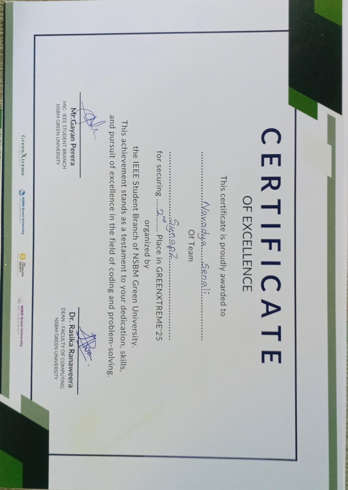 Green Xtreme Competition Certificate